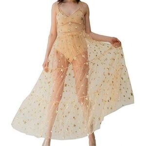 Nude Gold Festival Dress Sparkle Stars Sexy Sheer Tiered Beach Midi Net Coverup